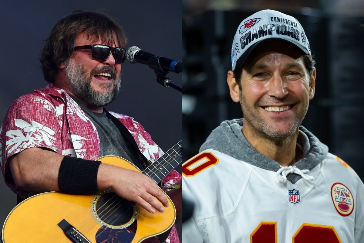 Right: May 6, 2018; Atlanta, GA, USA; Jack Black of Tenacious D performs during the 2018 Shaky Knees Music Festival at Central Park. / Left: Feb 12, 2023; Glendale, Arizona, US; Actor Paul Rudd on the Kansas City Chiefs celebrates after Super Bowl LVII at State Farm Stadium.