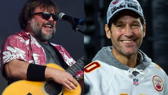 Right: May 6, 2018; Atlanta, Ga, Usa; Jack Black Of Tenacious D Performs During The 2018 Shaky Knees Music Festival At Central Park. / Left: Feb 12, 2023; Glendale, Arizona, Us; Actor Paul Rudd On The Kansas City Chiefs Celebrates After Super Bowl Lvii At State Farm Stadium.