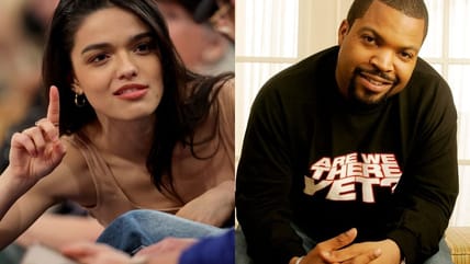 Right: Feb 26, 2025; New York, New York, Usa; American Actress Rachel Zegler Sits Courtside During The Third Quarter Between The New York Knicks And The Philadelphia 76Ers At Madison Square Garden. / Left: Ice Cube Sits For A Portrait At The Ritz Carlton In Washington On Jan. 12, 2005.