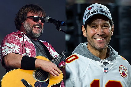 Right: May 6, 2018; Atlanta, Ga, Usa; Jack Black Of Tenacious D Performs During The 2018 Shaky Knees Music Festival At Central Park. / Left: Feb 12, 2023; Glendale, Arizona, Us; Actor Paul Rudd On The Kansas City Chiefs Celebrates After Super Bowl Lvii At State Farm Stadium.