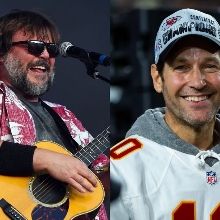 Right: May 6, 2018; Atlanta, Ga, Usa; Jack Black Of Tenacious D Performs During The 2018 Shaky Knees Music Festival At Central Park. / Left: Feb 12, 2023; Glendale, Arizona, Us; Actor Paul Rudd On The Kansas City Chiefs Celebrates After Super Bowl Lvii At State Farm Stadium.