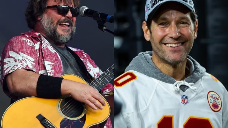 Right: May 6, 2018; Atlanta, Ga, Usa; Jack Black Of Tenacious D Performs During The 2018 Shaky Knees Music Festival At Central Park. / Left: Feb 12, 2023; Glendale, Arizona, Us; Actor Paul Rudd On The Kansas City Chiefs Celebrates After Super Bowl Lvii At State Farm Stadium.